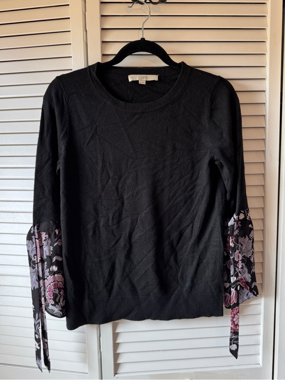 LOFT Black Knit Sweater with Floral Tie-Sleeve Detail